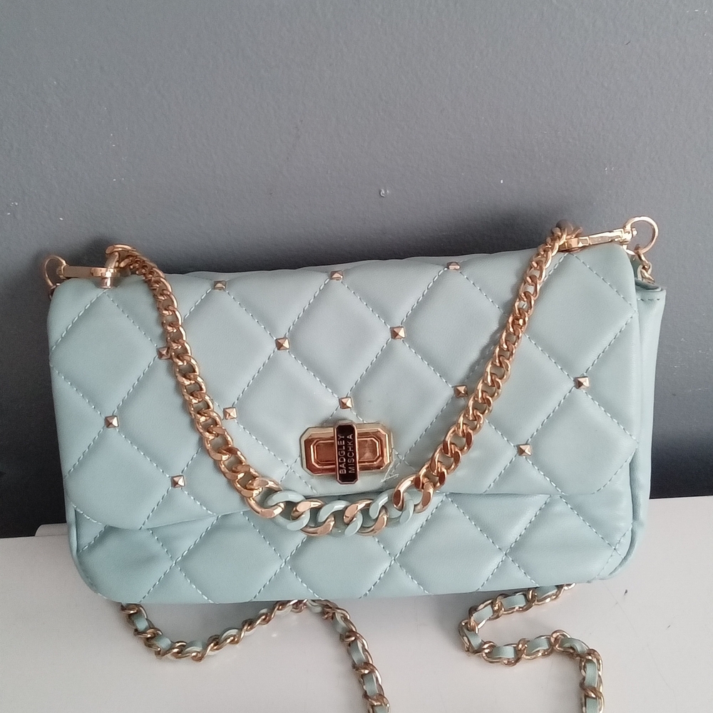 Badgley Mischka Mint‎ Green Quilted Studded Crossbody Bag Gold Chain Strap